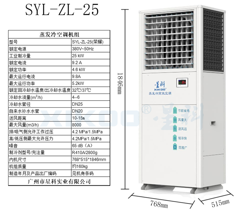 工業(yè)蒸發(fā)冷省電空調(diào)SYL-ZL-25（單面直吹送風）產(chǎn)品參數(shù)